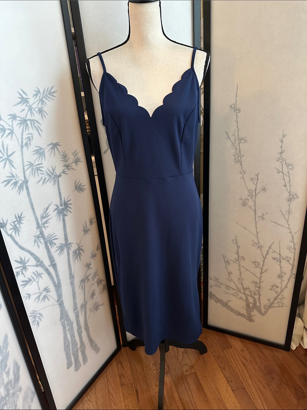 NWOT Socialite Navy Scalloped Neck Midi Dress